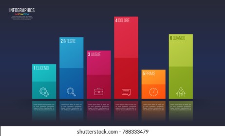 Easy editable vector 6 options infographic design, bar chart, presentation template. Global swatches.