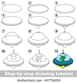 Easy educational kid game. Simple level of difficulty. Gaming and education. Drawing tutorial for UFO.