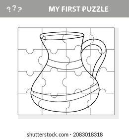 Easy educational paper game for kids. Simple kid application with Funny Clay Pot. Puzzle with jug. My first puzzle and coloring page