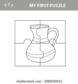 Easy educational paper game for kids. Simple kid application with Funny Clay Pot. Puzzle with jug. My first puzzle and coloring page