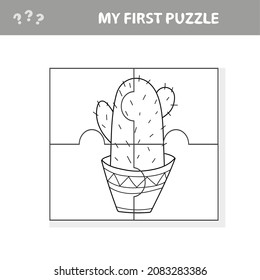 Easy educational paper game for kids. Simple kid Jigsaw puzzle with Funny Cactus Pot Flower. My first puzzle and coloring page