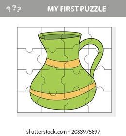 Easy educational paper game for kids. Simple kid application with Funny Clay Pot. Puzzle with jug. My first puzzle