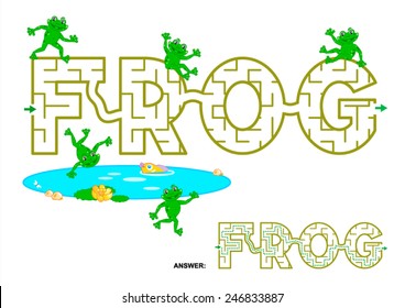 Easy english language word maze game for kids - FROG. Answers included. 