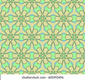 Easy festive ornament from abstract flower in the style of geometric transformations. Vector. For registration backgrounds, greeting cards, design. Seamless pattern.