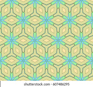 Easy festive ornament from abstract flower in the style of geometric transformations. Vector. For registration backgrounds, greeting cards, design. Seamless pattern.