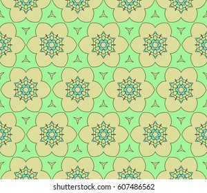Easy festive ornament from abstract flower in the style of geometric transformations. Vector. For registration backgrounds, greeting cards, design. Seamless pattern.