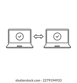 easy file transfer like data backup. simple stroke modern graphic linear web art design isolated on white. concept of info or doc migration on notebook screen and electronic archive storage