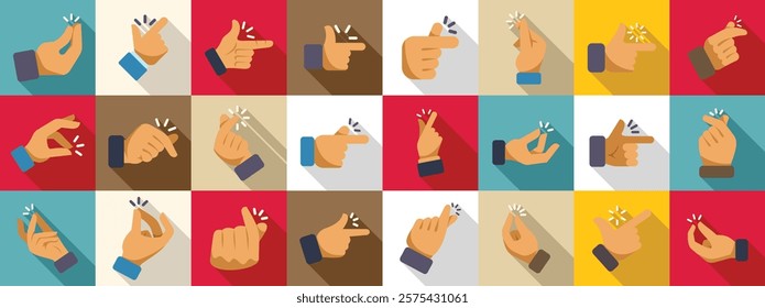  Easy finger icons set. Collection of hand gesture icons representing various actions such as snapping fingers, pointing, and clicking, ideal for visual communication