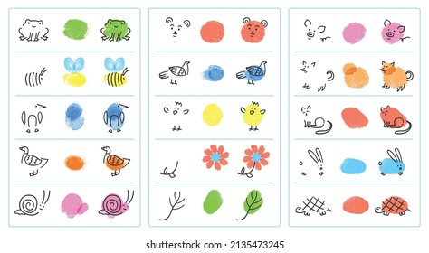 Easy fingerprint animals for kids, finger paint art game. Painting with fingers cat, snail, bee, preschool educational activity vector set. Kindergarten learning activity for children