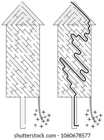 Easy firework rocket maze for kids with a solution in black and white