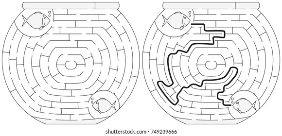 Easy fishbowl maze for younger kids with a solution in black and white