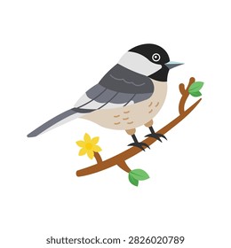 Easy to flat vector of chickadee bird on branch.