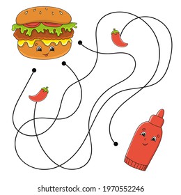 Easy food maze. Labyrinth for kids. Activity worksheet. Puzzle for children. Cartoon character. Logical conundrum. Color vector illustration.