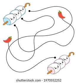 Easy food  maze. Labyrinth for kids. Activity worksheet. Puzzle for children. Cartoon character. Logical conundrum. Color vector illustration.