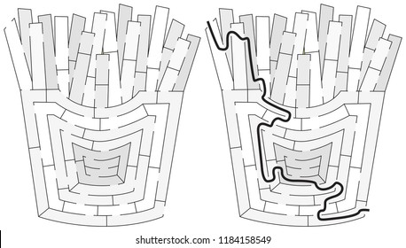 Easy french fries maze for younger kids with a solution in black and white