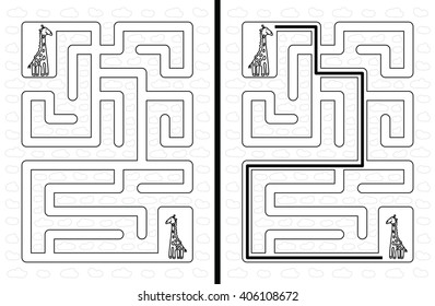 Easy giraffe maze for younger kids with a solution in black and white