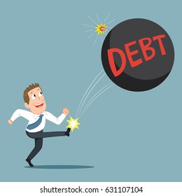 Easy going man kicking debt ball away like as soccer ball, success debt business concept