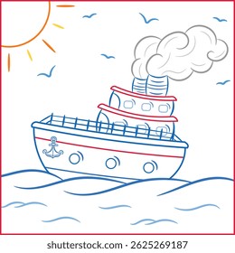 easy guided coloring page for kids with cartoon ship and ocean scene in color stroke outline style