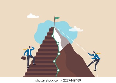 Easy and hard way to success, journey to achieve target or mission accomplish, choosing path to succeed, way to reach business goal concept, businessmen compete easy and hard way to climb mountain.