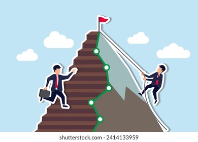 Easy and hard way to success, journey to achieve target or mission accomplish, choosing path to succeed, way to reach business goal concept, businessmen compete easy and hard way to climb mountain.