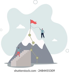 Easy and hard way to success, journey to achieve target or mission accomplish, choosing path to succeed, way to reach business goal concept.flat design.illustration with people.