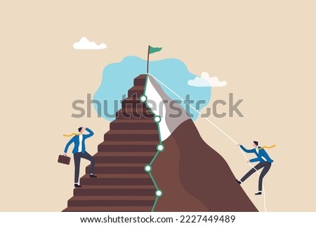 Easy and hard way to success, journey to achieve target or mission accomplish, choosing path to succeed, way to reach business goal concept, businessmen compete easy and hard way to climb mountain.