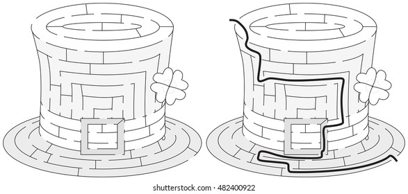 Easy hat maze for younger kids with a solution in black and white