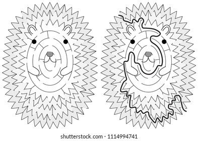 Easy hedgehoge maze for younger kids with a solution in black and white