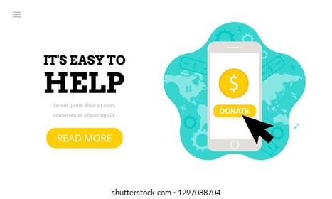 It's easy to help. Landing page template. Modern flat donation concept for web design. Vector illustration with smartphone and coin. Donate money online. Charity.