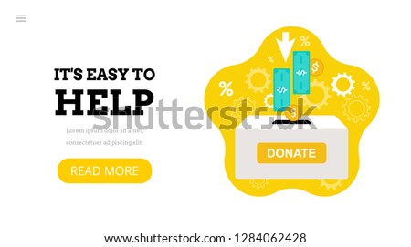 It's easy to help. Landing page template. Modern flat donation concept for web design. Vector illustration with donation box and cash. Donate money. Charity.