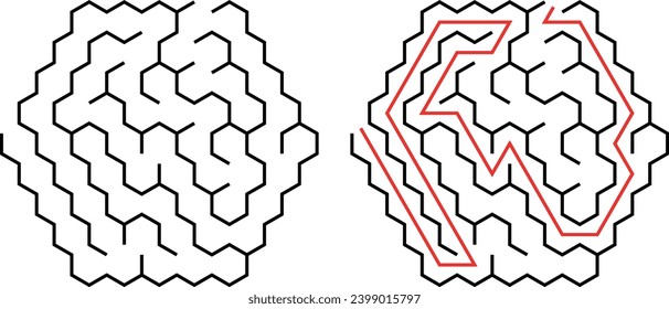 Easy hexagonal vector labyrinth. Children logic game for brain training isolated on white background. Preschool difficulty level. Puzzle for little age kids.