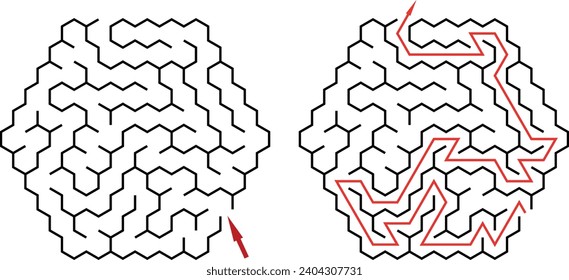 Easy hexagonal vector labyrinth. Children logic game for brain training isolated on white background. Preschool difficulty level. Puzzle for little age kids.