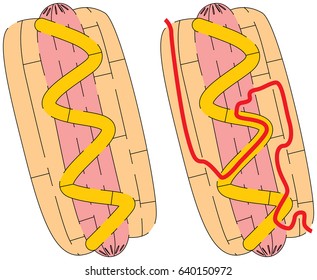Easy hot dog maze for younger kids with a solution