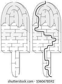 Easy ice cream on a stick maze for younger kids with a solution in black and white