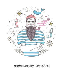 Easy illustration of a sailor with a lighthouse in the style of an old tattoo. Print for T-shirts with sailor and anchor