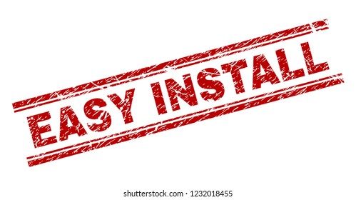 EASY INSTALL seal print with corroded style. Red vector rubber print of EASY INSTALL tag with corroded texture. Text title is placed between double parallel lines.