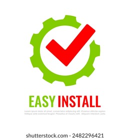 Easy to install vector icon isolated on white background. Abstract hassle free instalation emblem, check mark symbol and gear, technical problem is solved concept