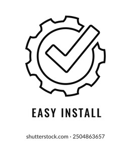 Easy to install vector line icon isolated on white background. Abstract technical symbol for simple installation, gear pictogram with check mark, hassle free mending emblem