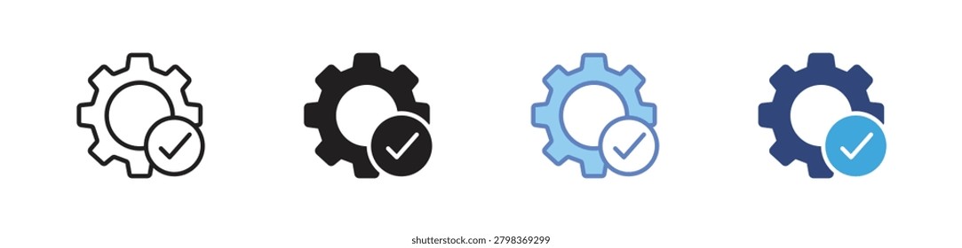 Easy installation icons set, Gear checkmark symbols, Quick setup icons, Successful configuration signs, Hassle free installation vector icons