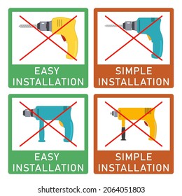 Easy installation and simple installation icon with power drill symbol. Set of crossed out vector clipart and sign. Design template for website elements, sticker, tag and other use.
