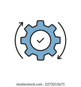 easy integration icon with gear and tick. linear trend modern work flow logotype design web element isolated on white. concept of development or innovation or technical service or setting symbol