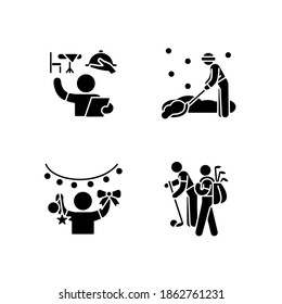 Easy jobs for 16-year-olds black glyph icons set on white space. Restaurant host and hostess. Snow removal job. Holiday decorator. Golf caddy. Silhouette symbols. Vector isolated illustration