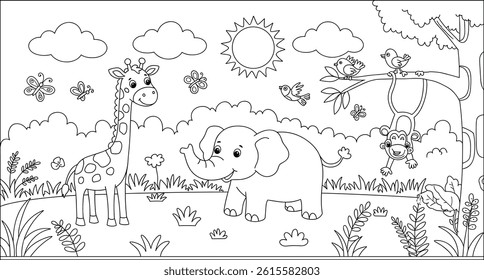 easy jungle animals coloring sheet for kids. giraffe, monkey and elephant. 