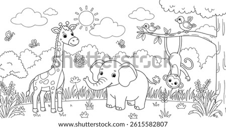 easy jungle animals coloring sheet for kids. giraffe, monkey and elephant. 