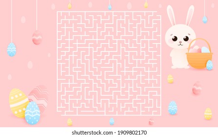 Easy Labyrinth For Kids, Help Easter Bunny Find Way To Painted Eggs, Educational Riddle For Childrens Books Or Worksheet In School, Cute Animal Character On Pink Background, Spring Holidays Theme