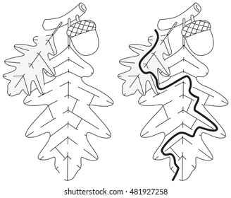Easy leaf maze for younger kids with a solution in black and white