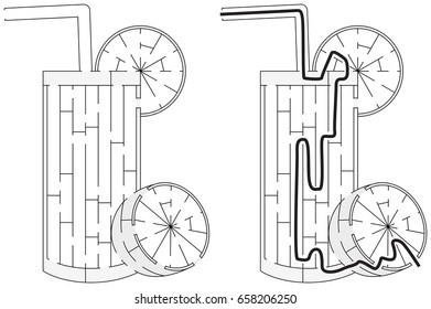 Easy lemonade maze for younger kids with a solution in black and white
