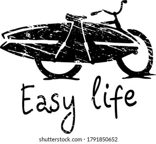 Easy lifestyle, surfing bicycle with surfboard attached, print design