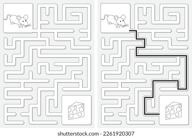Easy little mouse maze for younger kids with a solution in black and white