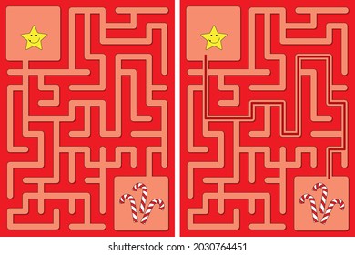 Easy little star and candy cane maze for younger kids with a solution